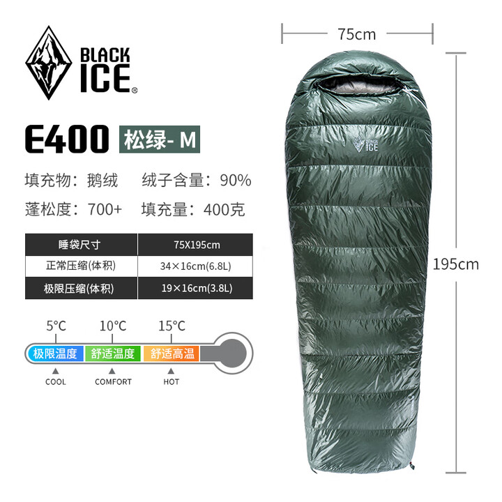 黑冰E系列户外露营睡袋鹅绒信封式羽绒睡袋可拼接 松绿 E400 M码【新标准】