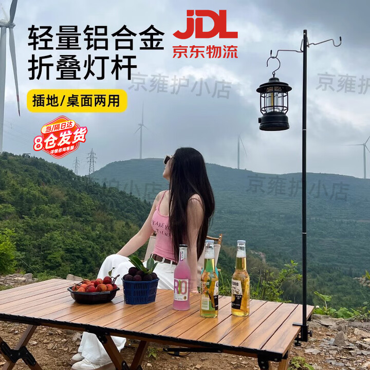 OIMG露营灯支架户外便携铝合金桌面灯架夜市摆摊插地灯架挂钩折叠灯杆 黑色【露营灯架】双钩两用带地钉