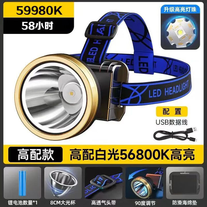 柏潮强光可充锂电头灯远射夜钓矿灯超亮头戴手电 神圣之火高配59980K白光爆亮58时