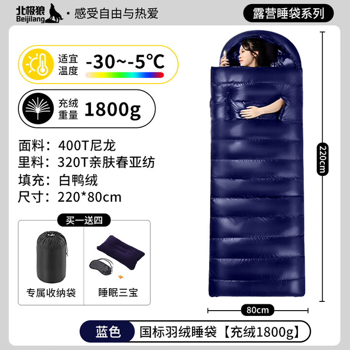 北极狼（BeiJiLang）羽绒睡袋成人户外露营零下30度防寒保暖鸭绒睡袋可拼接轻量化便携 国标羽绒【充绒1800克】蓝色