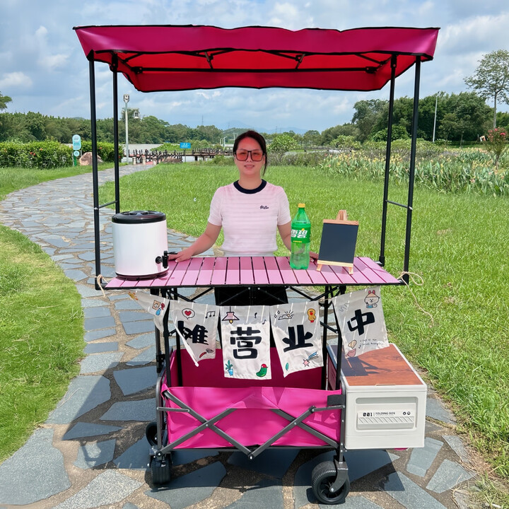 移动夜市摆摊小推车升降桌带遮阳棚露营车地摊户外营地拖车可折叠 10寸拖斗款(粉色)+120粉色桌子+粉色顶棚