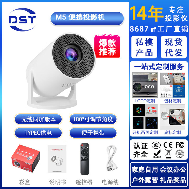 M5家用迷你投影仪小型迷你户外露营民宿便携式家庭影院投影机480P 白色（澳规--12V