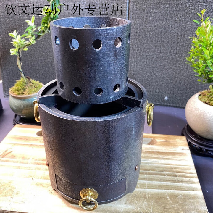 斯派德抖音同款炭火炉复古取暖铸铁小圆炉气化户外炭茶炉便携式小钢炮 圆炉+内胆+纯铜提手(重量8.6斤)