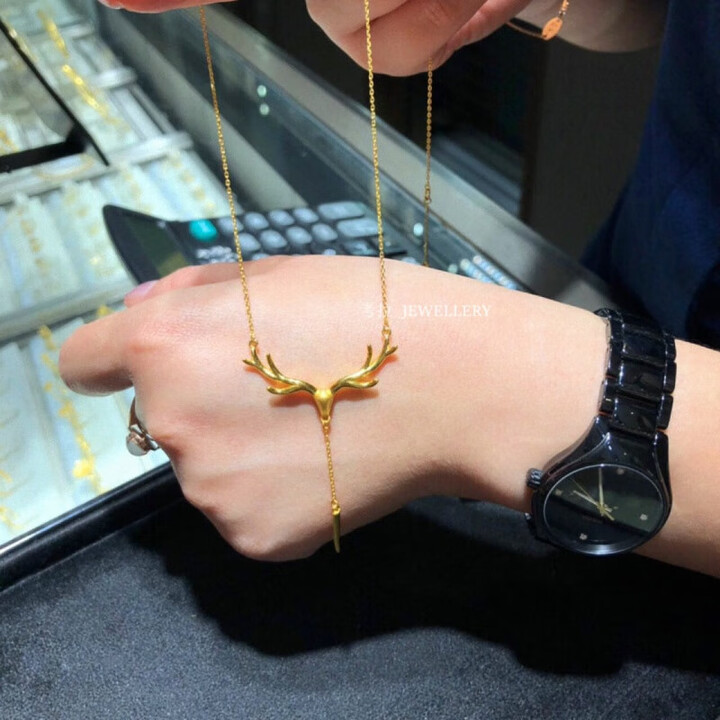 22k金ing鹿头流苏项链女一鹿有你纯银鹿角长款