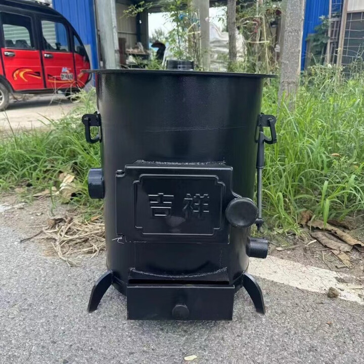 其他家新款烧煤取暖炉煤柴两用整体加厚煤气罐外壳铸铁内胆移动柴火炉 带轮移动款送火勾灰铲火钳 普通炉门