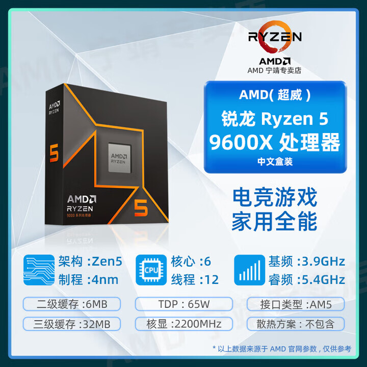 AMD锐龙7500F/R7 7700 7800/R9 7900X/7950X3D处理器CPU盒装散片 AMD AMD锐龙R59600X盒装单 ...