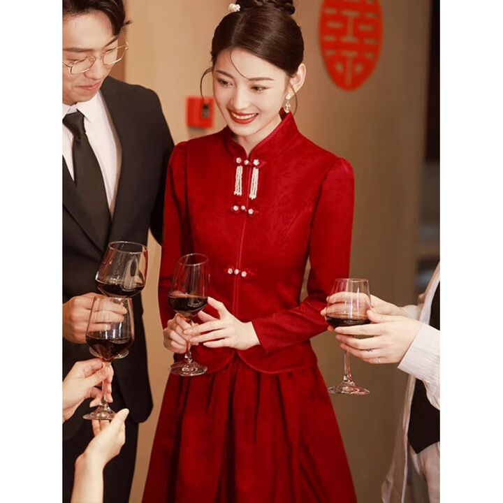 ACJK中式敬酒服新娘2025酒红色长袖旗袍两件套秀禾服新娘回门订婚礼服 酒红色_长袖_中长款 2XL【图片 价格 品牌 报价】-京东