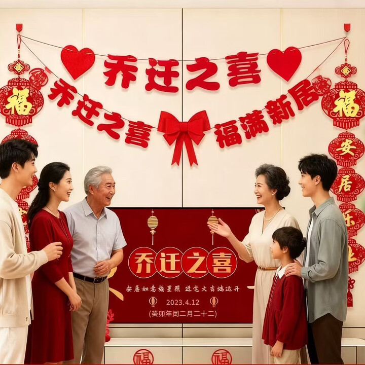 京芜乔迁之喜挂布新居客厅场景布置装饰新房搬家入宅仪式用品条幅挂饰 乔迁+福满拉花+蝴蝶结+福对联【图片 价格 品牌 报价】-京东