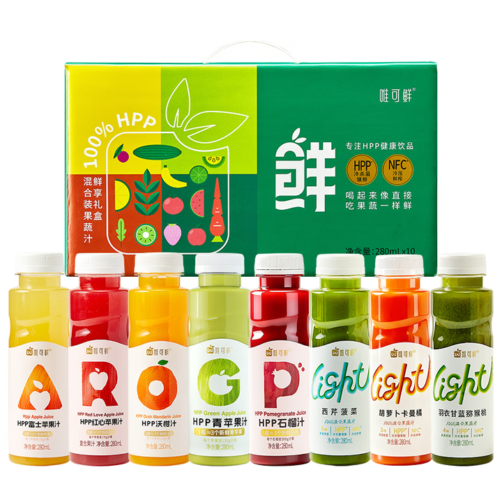 唯可鲜礼盒装100%HPP鲜榨果蔬汁280ml*10瓶口味随机 果蔬汁果汁混合装280ml*10礼盒装【图片 价格 品牌 报价】-京东