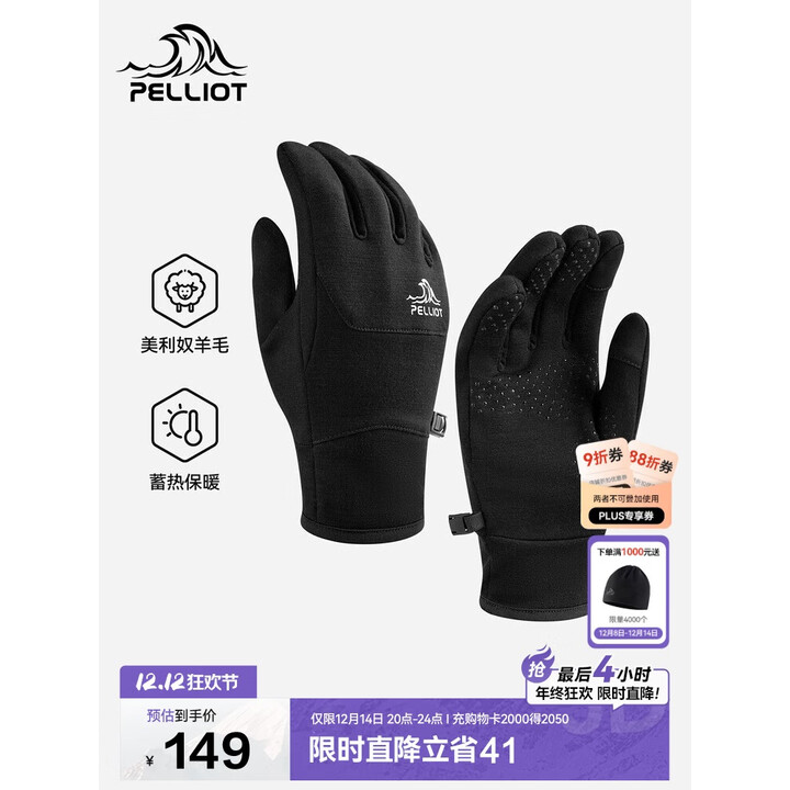伯希和（Pelliot）户外登山滑雪手套冬季美利奴羊毛触屏骑行保暖男女105331002黑S