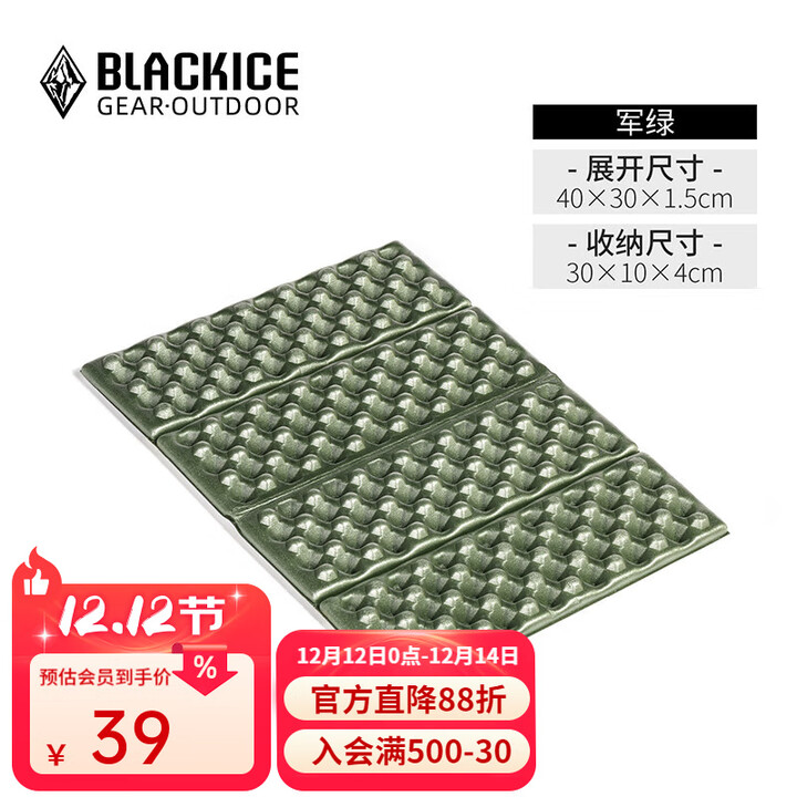 黑冰（BLACKICE）户外露营旅行野餐轻量便携蜂巢铝箔坐垫 可折叠防潮垫子Z6109 军绿 均码