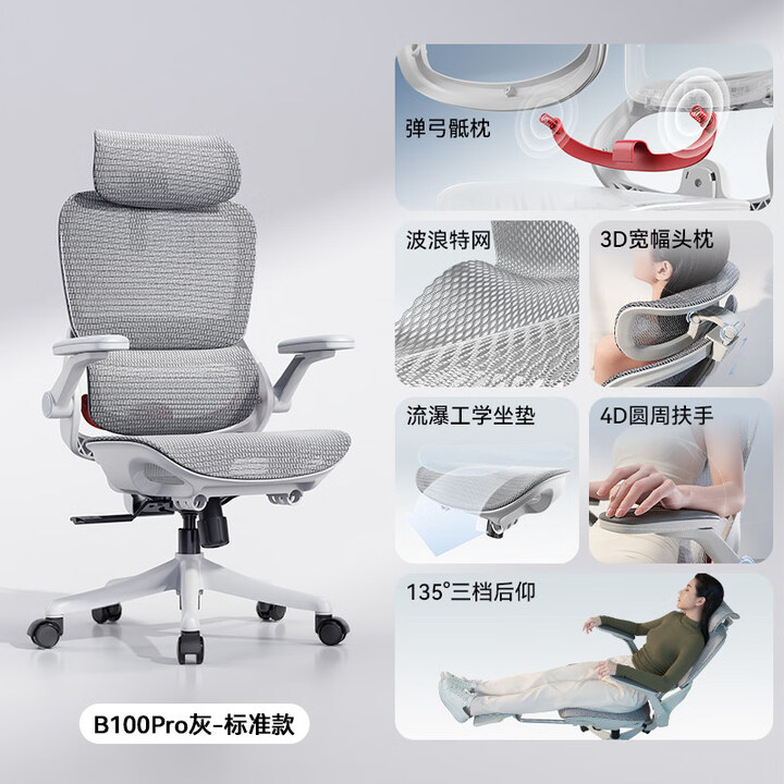 西昊(SIHOO)人体工学椅电脑椅家用舒适办公椅久坐电竞椅 B100Pro灰 浮动撑骶腰枕+波浪特网 PP脚 旋转扶手【图片 价格 品牌 报价】-京东