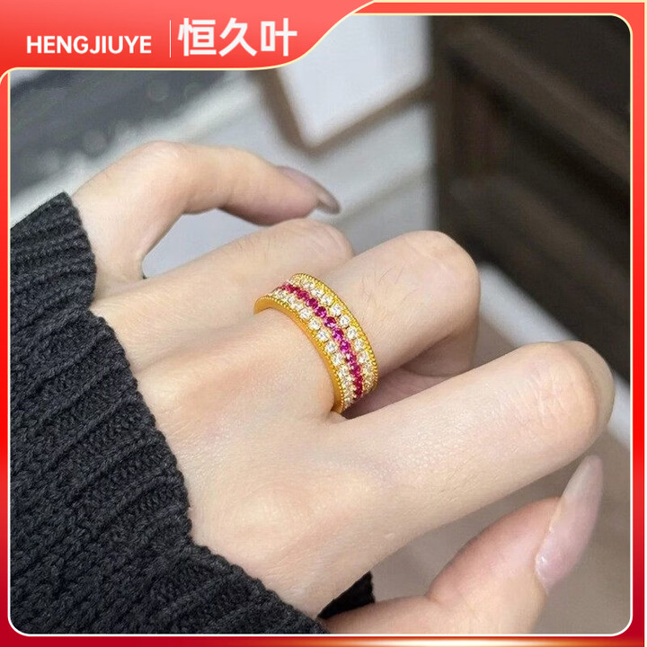 恒久叶老铺同款黄金色色红宝石镶钻女戒感三排红钻指环 三排钻玫红戒指 6号【等于12-13港号】【图片 价格 品牌 报价】-京东