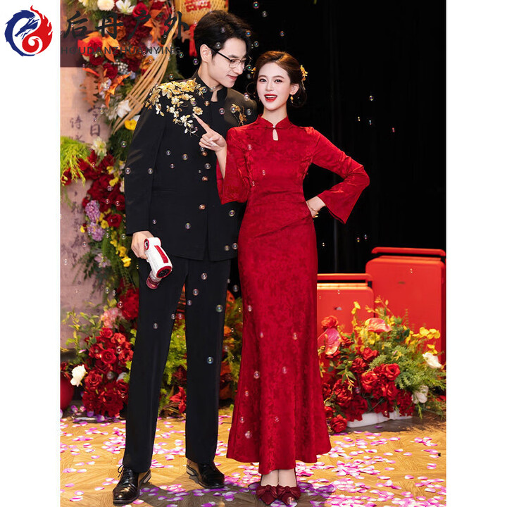 MPPMCK【轻奢高端】新中式大方得体红色旗袍敬酒服新娘结婚出阁宴订婚礼 单件旗袍 酒红 长袖 长款HLD 3381 M【图片 价格 品牌 ...