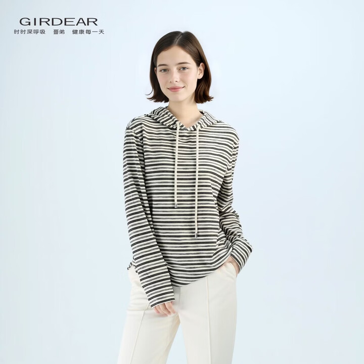 哥弟(GIRDEAR)秋季新款女装时尚休闲百搭条纹连帽长袖卫衣1300918 灰色条纹 M 3码【图片 价格 品牌 报价】-京东