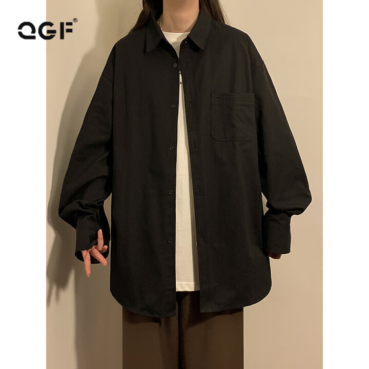 QGF美式纯色棉衬衫女秋季新款宽松百搭oversize简约高级感休闲外套女 黑色 XL【图片 价格 品牌 报价】-京东