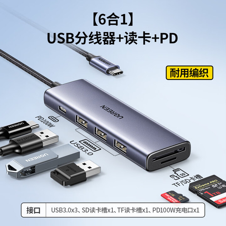 绿联（UGREEN）Type-C扩展坞适用于MacBook拓展坞多功能USB-C多口Hub分线器 250406合1TF/SD读卡+USB3.0x1 0.2m