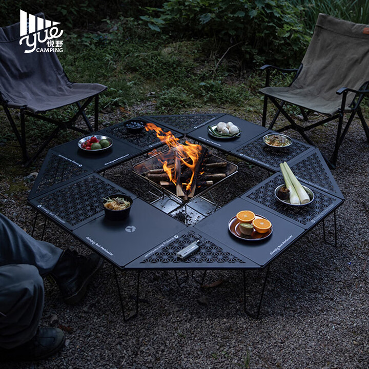 Campingmoon柯曼户外简易折叠网桌套装野餐桌子多层铁艺置物架车载桌 焚火围炉桌麻叶纹天板套餐