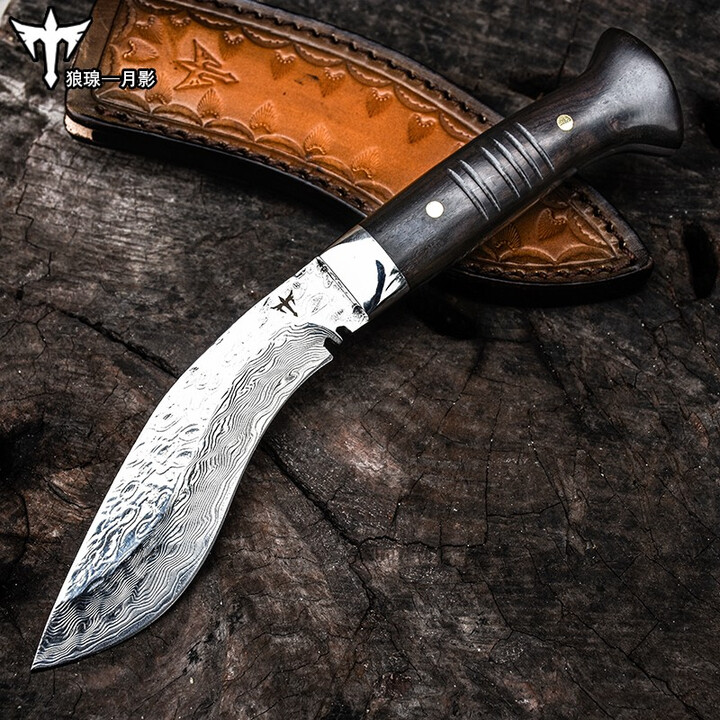 随风作户外刀锋利随身大马士革钢刀野外求生刀具防身高硬度千层花纹钢刀 月影