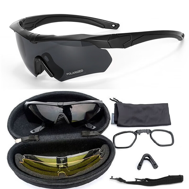 兵克星空战术偏光防护镜 战术射击眼镜 军迷防弹护目镜 防风沙骑行风镜 黑色偏光战术护目镜(三片装)