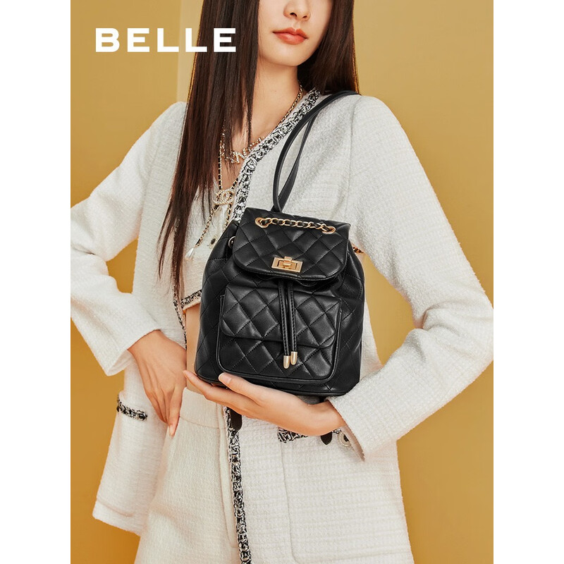 百丽时尚百搭小香风菱格绗缝链条包气质休闲双肩包X6289CX2 典雅黑 F