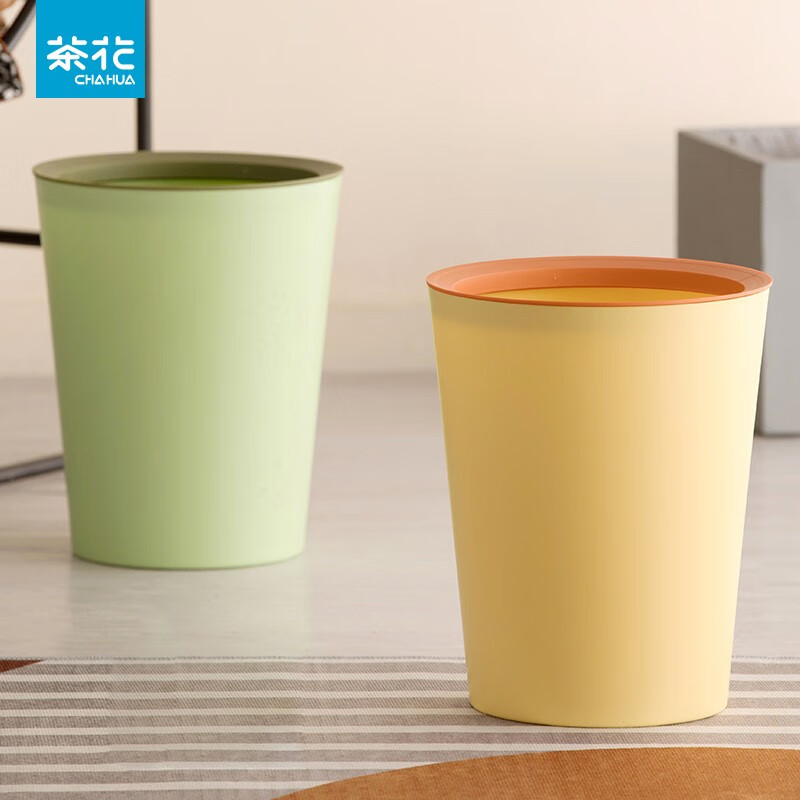 茶花垃圾桶家用客厅轻奢大容量2023新款厨房卧室卫生间高颜值无盖 【淡黄色-8.5L】压圈2只装