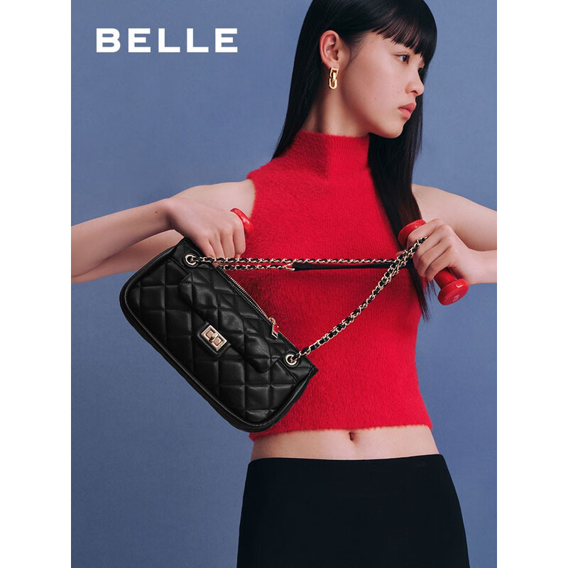 百丽包包女2023夏季新款休闲法棍绗缝包小香风轻奢单肩斜挎包X9095BX3 黑色 F