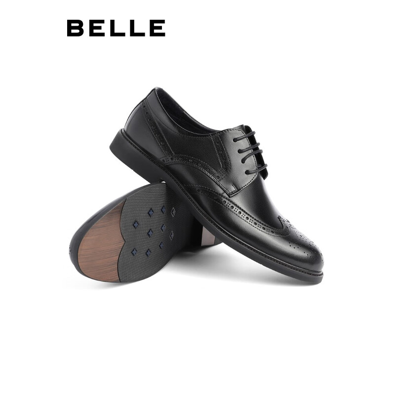 百丽正装皮鞋男2023新款内增高婚鞋牛皮商务德比A1095AM3预售 黑色89183 40
