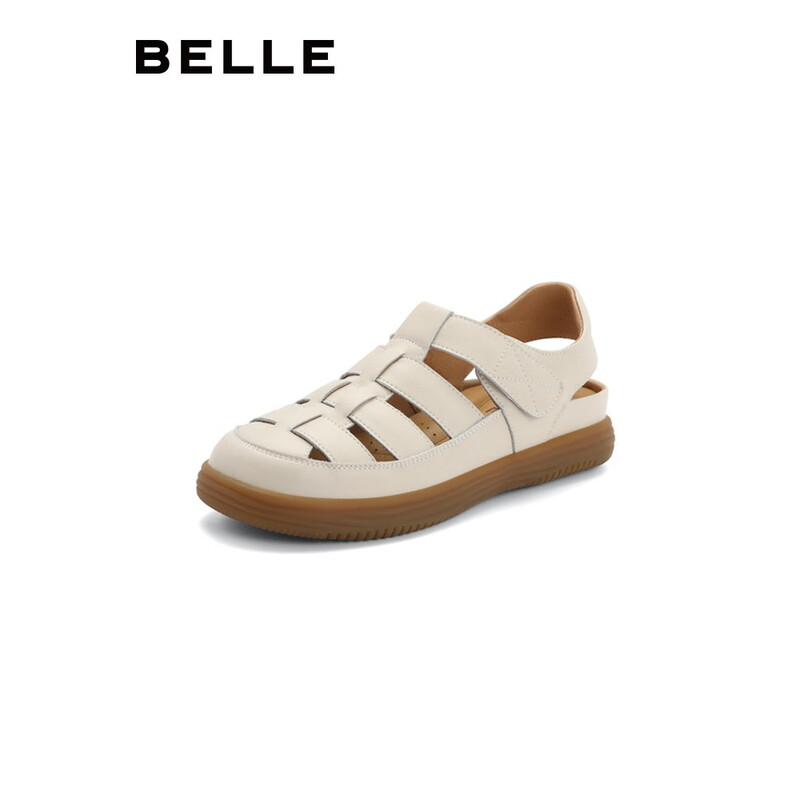 百丽编织罗马凉鞋女2023秋季新款平底镂空包头猪笼鞋B1296CL3 米白 37