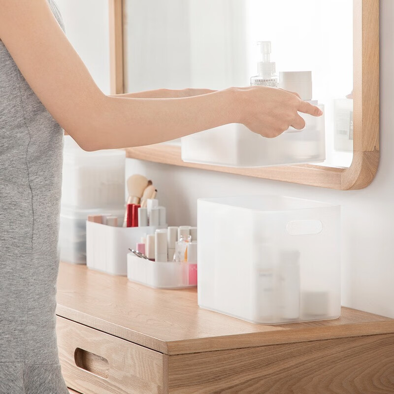 茶花（CHAHUA）茶花收纳盒桌面小盒子收纳格半透明磨砂 美纳带把手收纳盒150005 1个装