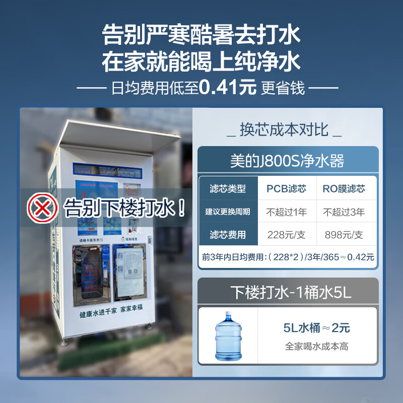 美的（Midea）麒麟J800S家用净水器 RO反渗透除菌直饮 厨下式净水机 双出水超一级水效 800G大通量 2L/分