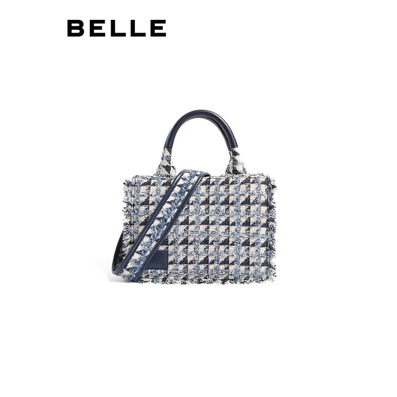 百丽复古优雅粗花呢托特包单肩斜挎手提包X6388DX2 蓝色 F