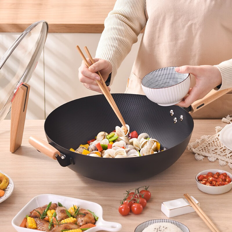 康巴赫铁锅无涂层家用米纹炒锅真防锈耐腐蚀炒菜锅电磁炉煤气灶通用34cm KGW-C34JT