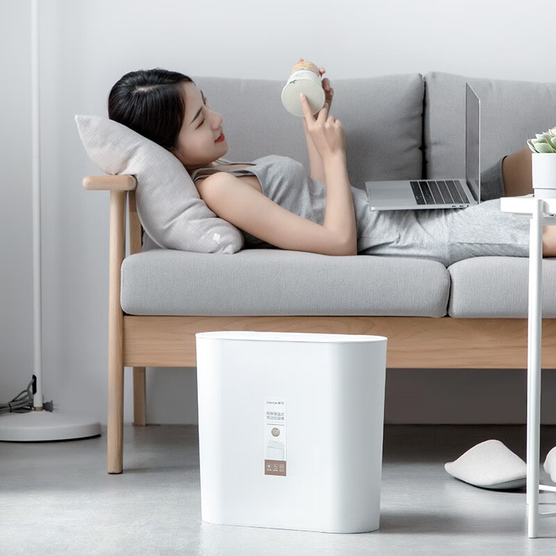 茶花柯琳按压弹盖式垃圾桶大号带盖家用厨房办公室纸篓204003 【10.8L大号窄边垃圾桶】咖色