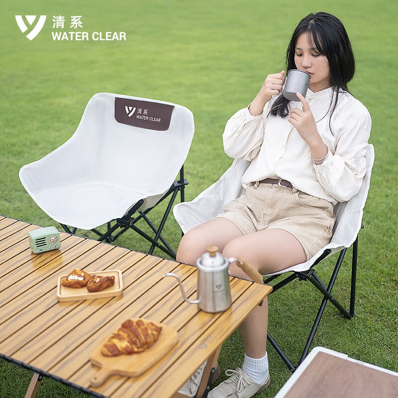 清系 折叠椅户外露营便携靠背钓鱼椅懒人椅家庭休闲月亮椅旅游旅行椅 儿童款月亮椅【米白】