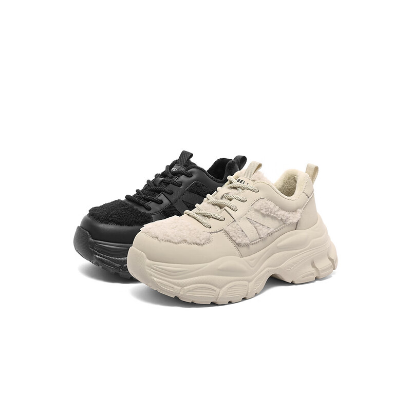 百丽厚底增高老爹鞋女2023冬季新款毛毛印花休闲运动鞋B1508DM3 黑色 34