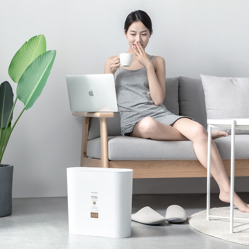 茶花柯琳按压弹盖式垃圾桶大号带盖家用厨房办公室纸篓204003 【10.8L大号窄边垃圾桶】咖色