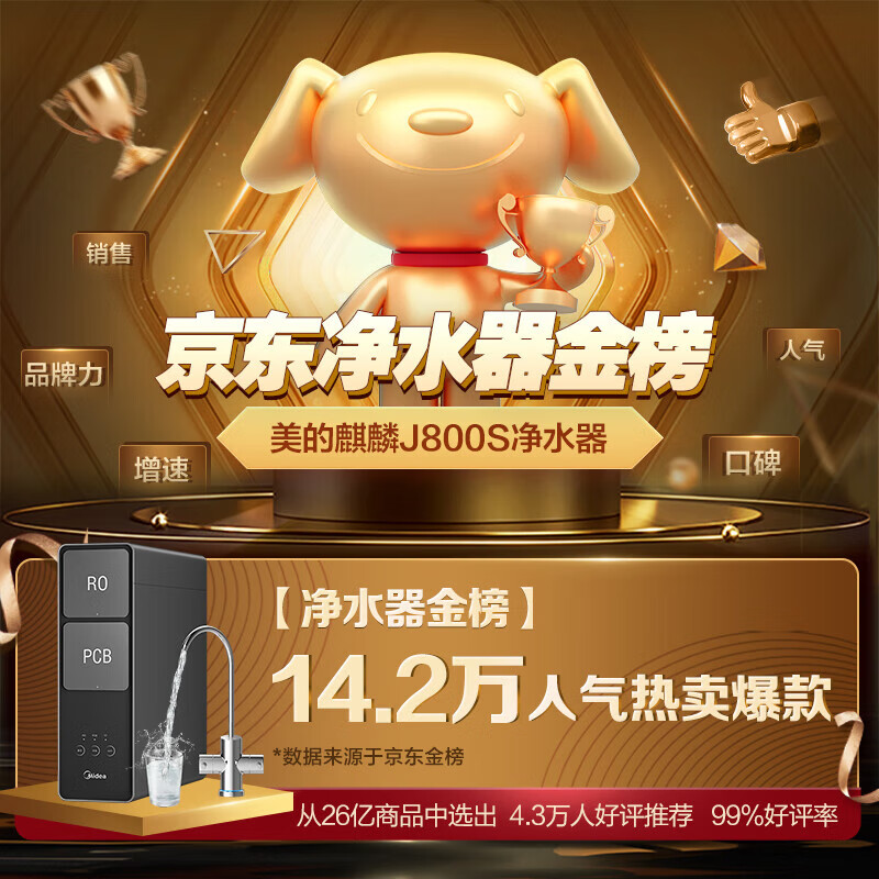 美的（Midea）麒麟J800S家用净水器 RO反渗透除菌直饮 厨下式净水机 双出水超一级水效 800G大通量 2L/分