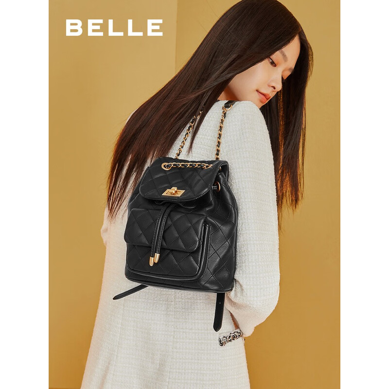 百丽时尚百搭小香风菱格绗缝链条包气质休闲双肩包X6289CX2 典雅黑 F