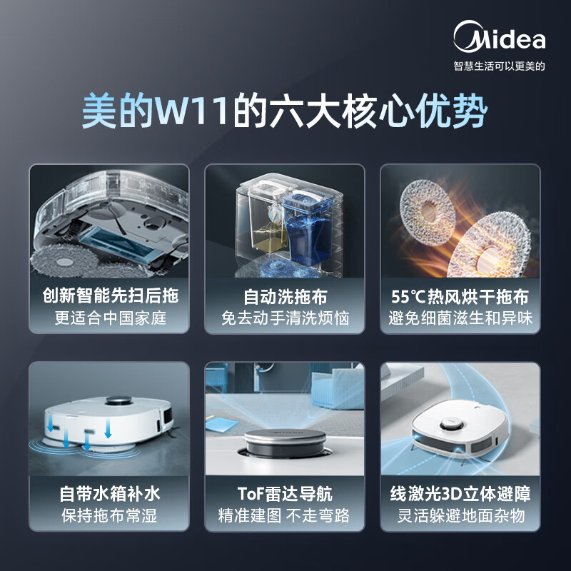 美的（Midea）扫地机器人扫拖一体W11 自清洁免洗拖布热风烘干扫地机拖地机擦地机自动洗地机吸尘器