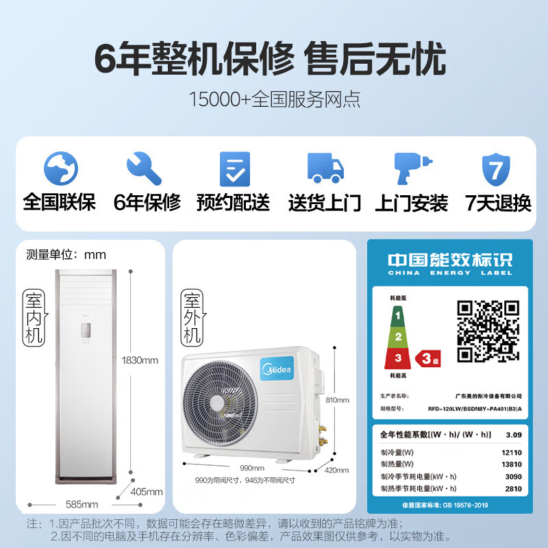 美的（Midea）5匹柜式空调 商用柜机 中央空调 变频冷暖 380V RFD-120LW/BSDN8Y-PA401(B3)A 包5米铜管 企业专享