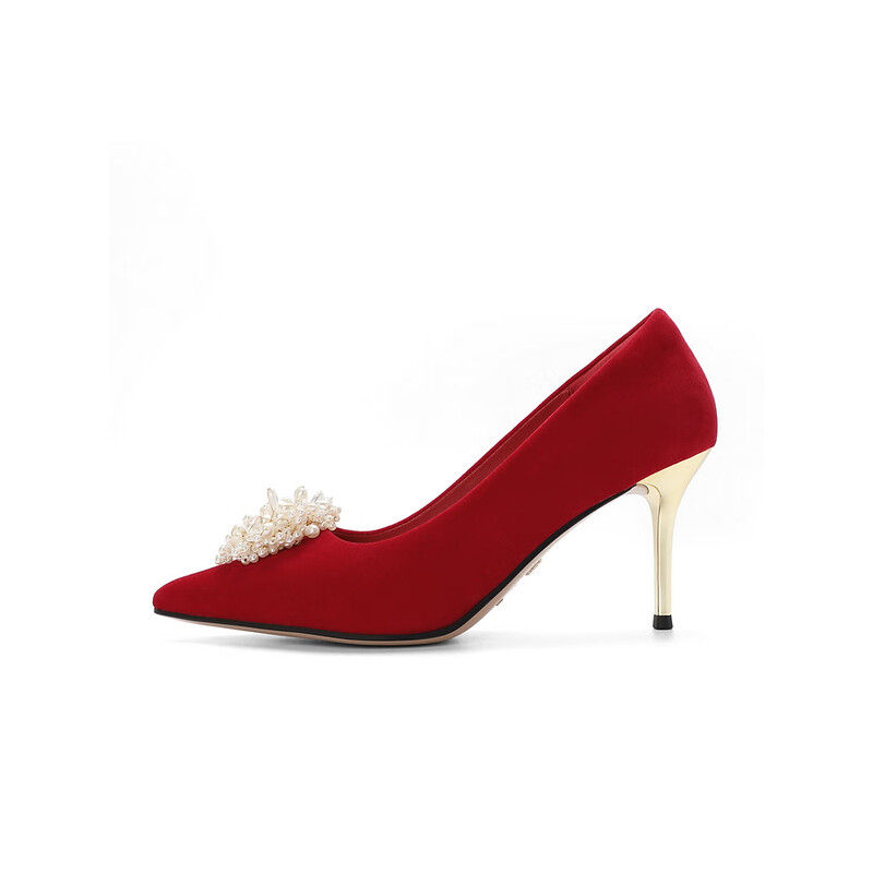 百丽精致高跟鞋女2023秋季新款气质优雅细跟婚鞋B1561CQ3预售 红色 34