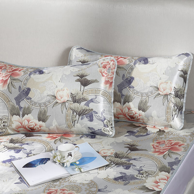 富安娜家纺 凉席冰丝席子空调席三件套 夏季双人可折叠防滑绑带印花席 锦绣国色 1米8床 橙色