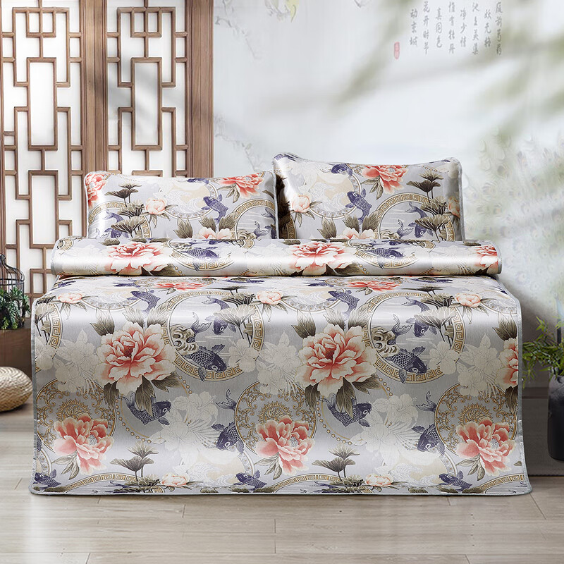 富安娜家纺 凉席冰丝席子空调席三件套 夏季双人可折叠防滑绑带印花席 锦绣国色 1米8床 橙色