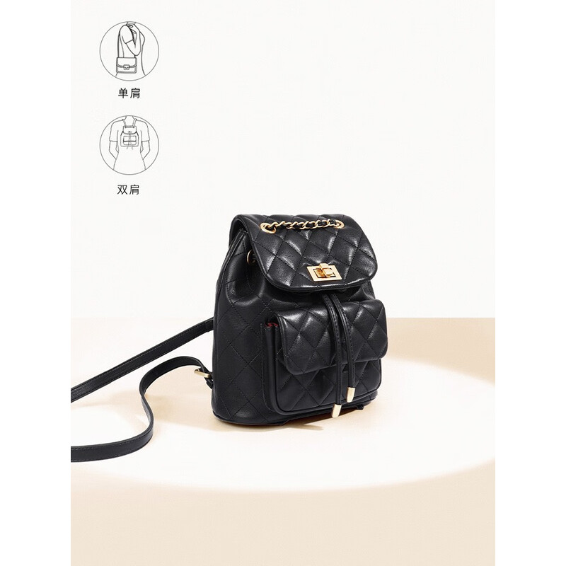 百丽时尚百搭小香风菱格绗缝链条包气质休闲双肩包X6289CX2 典雅黑 F