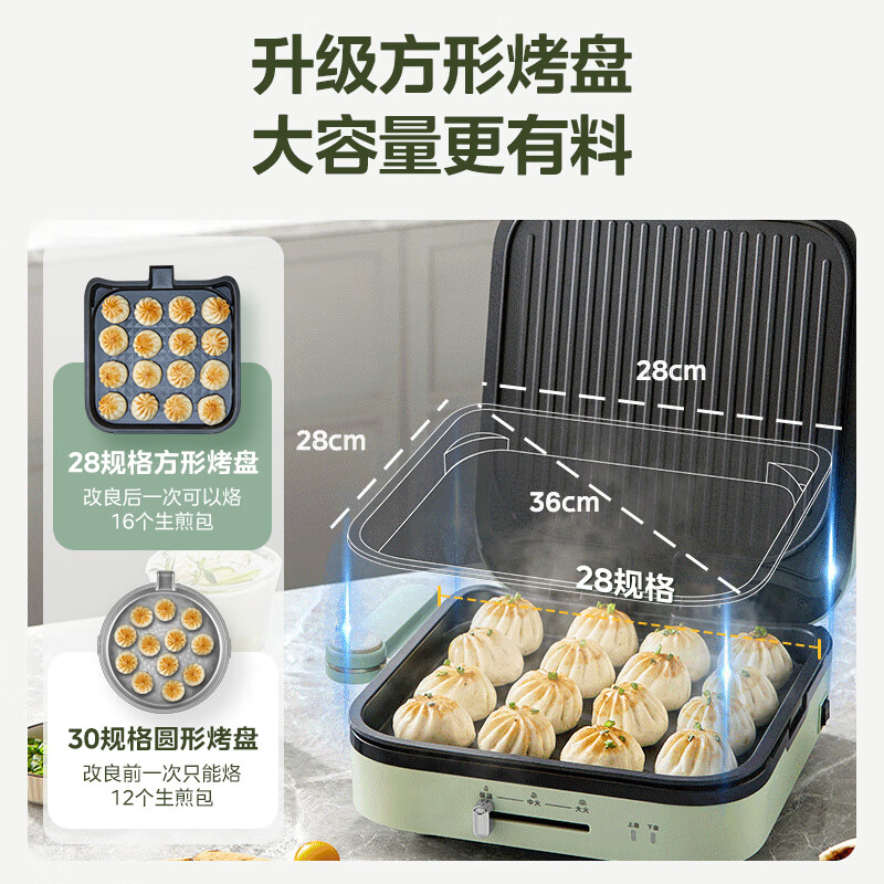 美的（Midea）电饼铛家用上下盘可拆洗火力调节三明治机早餐机煎饼锅 方形蒸汽加深加深烙饼锅MC-JKE2828S