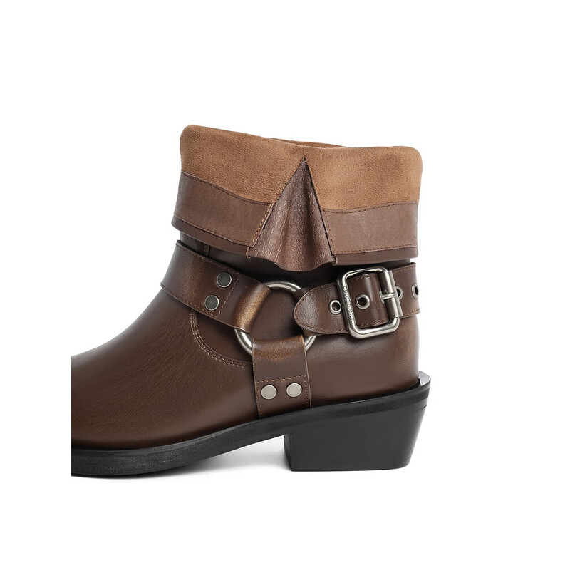 百丽复古金属扣机车靴女23冬季新款潮酷牛皮骑士靴B1491DZ3预售 棕色 34