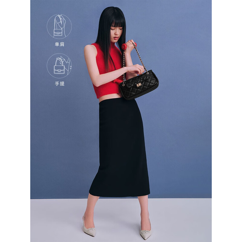 百丽包包女2023夏季新款休闲法棍绗缝包小香风轻奢单肩斜挎包X9095BX3 黑色 F