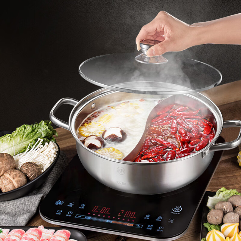 美的（Midea）火锅304不锈钢鸳鸯锅30CM火锅盆汤锅加厚锅具电磁炉通用TG30Z09Y