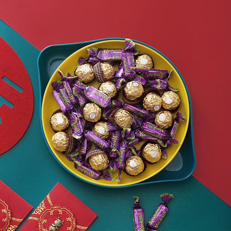 茶花果盘塑料双层糖果盒干果盒水果盘客厅茶几瓜子盘零食盘瓜子盒 【双层、大敞口随意放】过年红